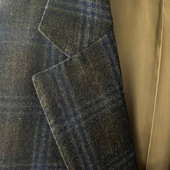 Size 40 Long Trussini Italy Wool Gray and Blue Dual Vent Stitched Lapel Blazer - Picture 7 of 8